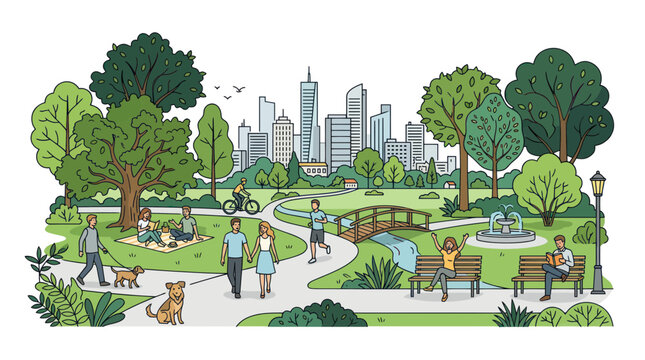 City Park Scene with People Enjoying Nature and Skyline View