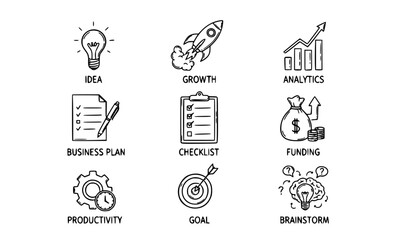 Startup doodle icons set business growth idea innovation sketch vector illustration © Rune Veil
