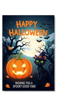 Festive Halloween Poster with Jack O Lantern and Black Cat in Moonlit Forest