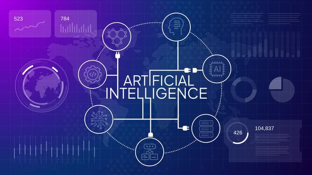 artificial intelligence text with network nodes and tech icons on global map background AI futuristic concept