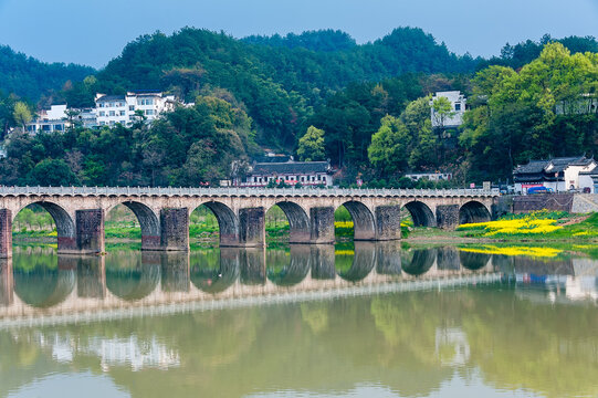 Ancient Stone Bridge over River in Huizhou, Anhui Province, China