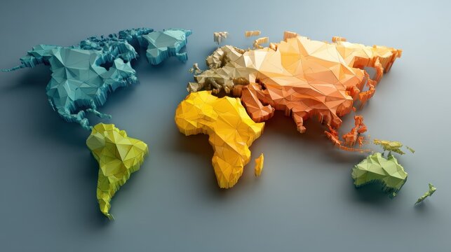 Geometric World Map in Bright Colors Made of Triangular Faces Representing Continents in Faceted Style