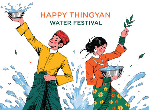 Happy Thingyan Water Festival Celebration In Myanmar With Traditional Burmese Clothing And Water Splashing