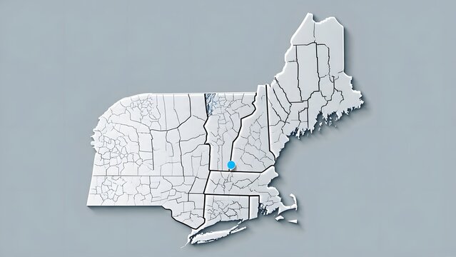 White Map of New England and Nearby Regions with Blue Pin in Central Area