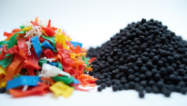 Heap of colorful shredded plastic waste and RDF pellets. Processing material for renewable energy and resource recovery. Recycling concept close-up.