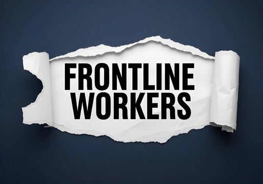 Torn paper banner celebrating frontline workers with bold typography on dark background for healthcare and heroism
