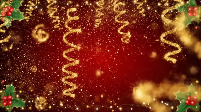 Festive digital illustration of a deep red background with decorative elements. Curling golden ribbons, shimmering bokeh, holly leaves, and red berries