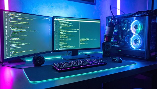 Vibrant workspace for coding and gaming, featuring dual monitors, RGB mechanical keyboard, and custom PC rig. Ideal for representing software development, cybersecurity, and digital tech.