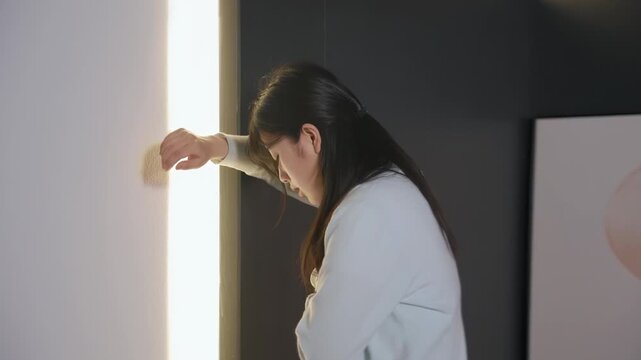 Suffering woman chest pain, respiratory distress possibly due to heart problem, panic attack, acid reflux, lung issues like asthma. Symptoms coronary artery disease, shortness breath or heart attack