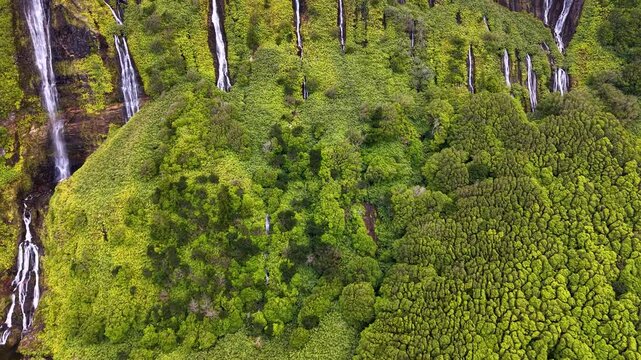 Detailed cinematic view of multiple waterfalls flowing through dense green vegetation at Poco da Ribeira do Ferreiro in the Azores Portugal