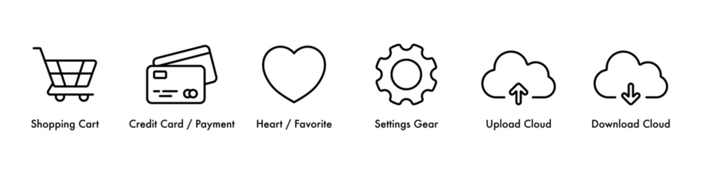 Vector icon set for commerce, shop cart, credit card payment, heart favorite, and gear setting