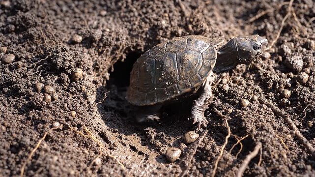 Mud turtle hatchling emerges from subterranean nest, overhead shot captures its first cautious movements