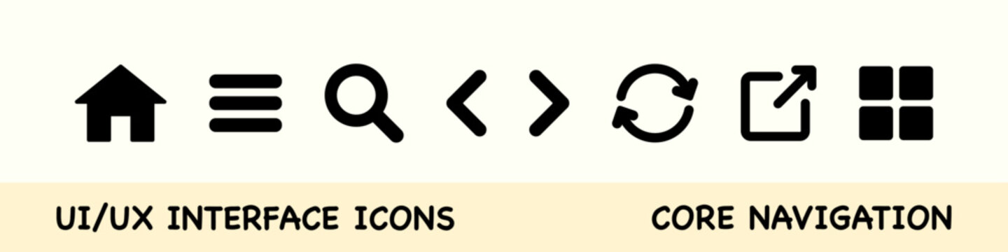 Essential ui ux navigation icon set, home menu search arrow refresh and dashboard grid for website interface design