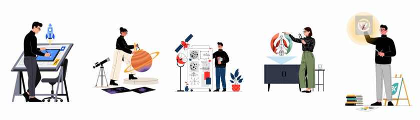 Collection of flat vector illustrations depicting scientists and engineers engaged in space exploration, rocket design, satellite technology, and astronomical research. © Isabella
