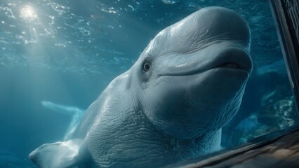 Fototapeta premium Curious Beluga Whale Near Glass Viewing Window