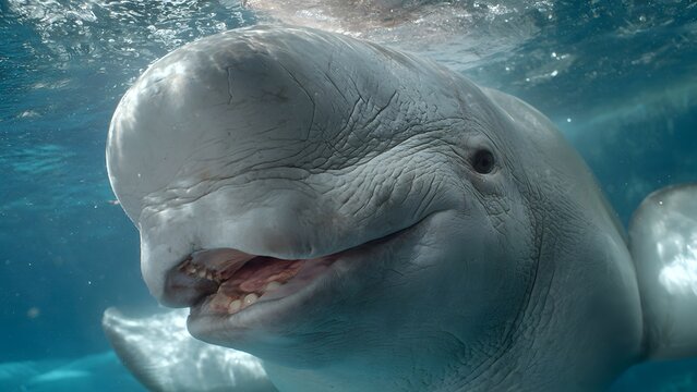 Curious Beluga Whale Smiling Underwater in Clear Ocean