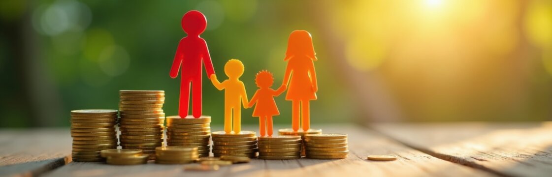 Family figures stand on stacks of gold coins. Financial growth represents secure future for parents and kids. Money management builds wealth and prosperity.