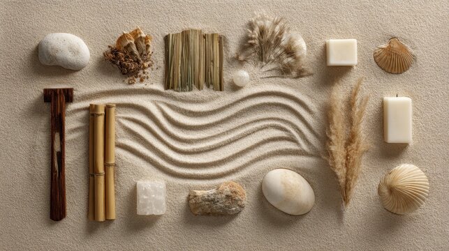 Natural Elements Arrangement on Sand Background Featuring Textures and Shapes for Tranquil and Calming Concepts