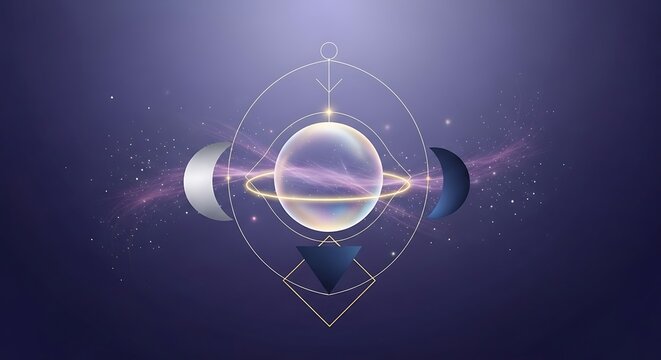 Glowing Celestial Sphere with Moon Phases and Geometric Lines in Cosmic Space