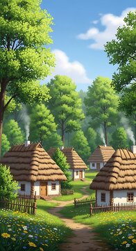 Charming Thatched Cottages Nestled Among Lush Green Trees in Sunny Forest Village