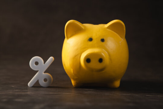 Piggy bank and percent sign on black background, finance and saving concept