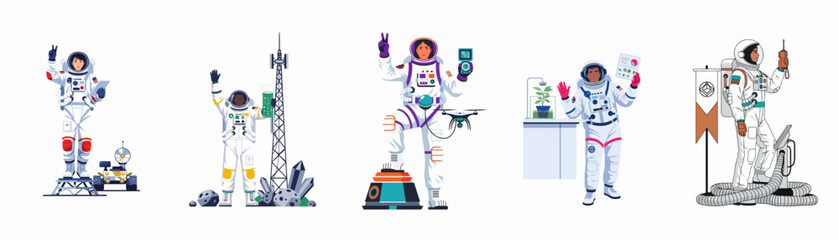 Flat vector illustration of a diverse set of astronauts performing various space exploration, scientific research, and communication tasks on a white background. © Isabella