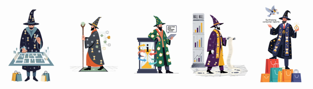 Set of flat illustrations featuring a wizard representing retail strategy, business data analysis, and consumer behavior forecasting in a shopping mall context.