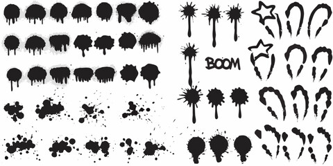 black spray paint splatter elements on white background grunge drip stain ink © Mritun