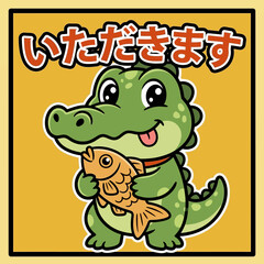 Fototapeta premium Cartoon crocodile holding orange fish toy.