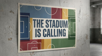 Obraz premium Vibrant sports poster on concrete wall with THE STADIUM IS CALLING text in blue letters