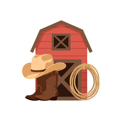 A rustic red barn with a cowboy hat, leather boots and a coiled rope © Yeni