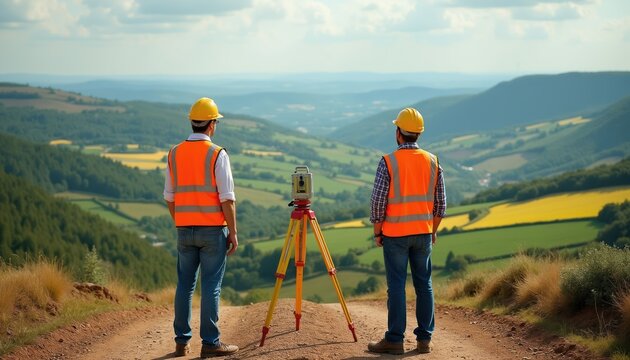 Two surveyors in safety vests, hard hats stand on dirt path. Theodolite sits on tripod between. Survey scenic valley with green fields, hills below. Planning new construction project on remote area.