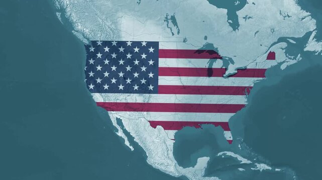 USA Washington State Map Animation with Flag Texture and Seattle City Pin on Light Blue Terrain Background