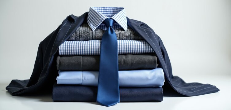 Neatly folded stack of formal men business clothes including shirts, tie, and jacket. Pro attire for office, meetings, or special events. Classic look.