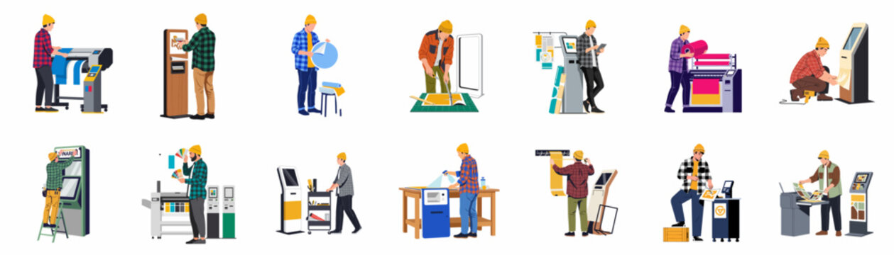 Collection of flat illustrations showing professional technicians working in a large format printing and signage shop environment.