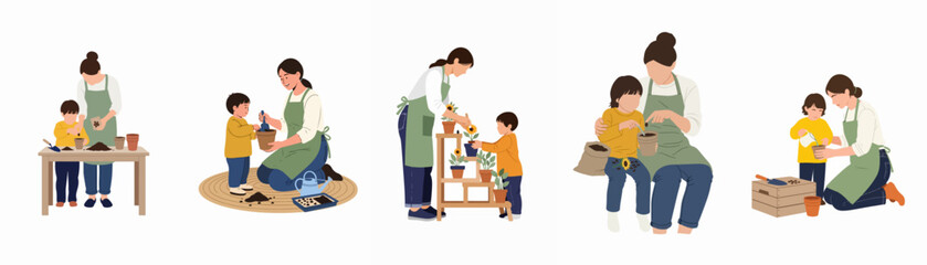 Fototapeta premium Set of flat vector illustrations depicting a mother and son bonding while gardening, planting seeds, and caring for potted plants together.