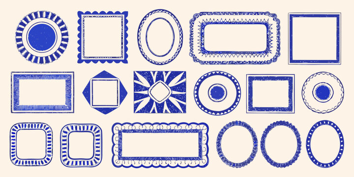 vintage style blue frames on cream background ornate border rectangle oval circle