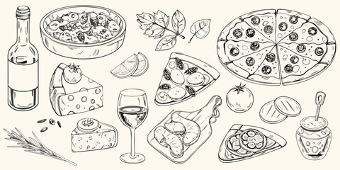 Fototapeta premium hand drawn sketch collection of italian food items pizza wine bottle cheese