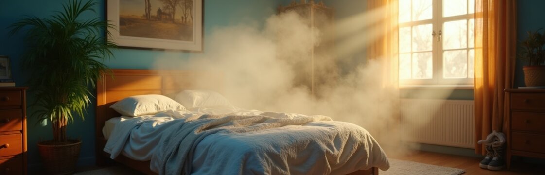 Bedroom interior with sunlight beams through window revealing visible dust particles in air. Unmade bed with white linens, pillows looks hazy. Cozy room atmosphere feels heavy, stifling with poor air