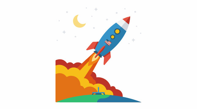 Pixelated rocket blasting off into starry night sky