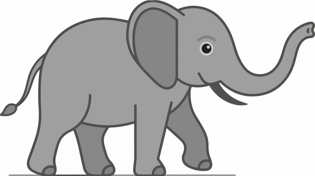 Stylized cartoon elephant with raised trunk and large ears, walking right