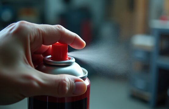 Hand presses red spray can nozzle releasing fine mist. Close-up shot of lubricant spray application in workshop. Careful tool use for maintenance and repair tasks.