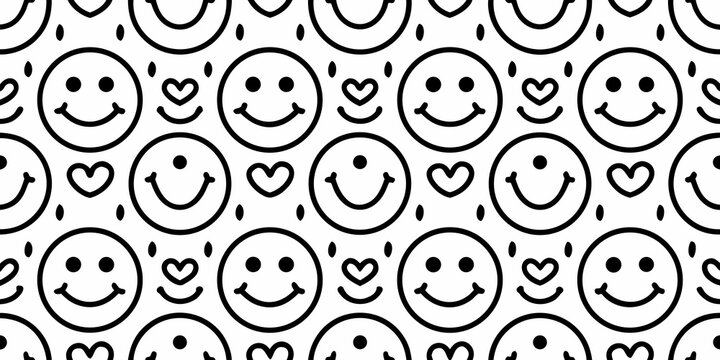 hand drawn smiley faces seamless pattern hand drawn black white background illustration vector