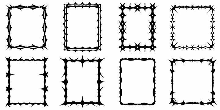 set of nine gothic frames with sharp spikes on white background spike