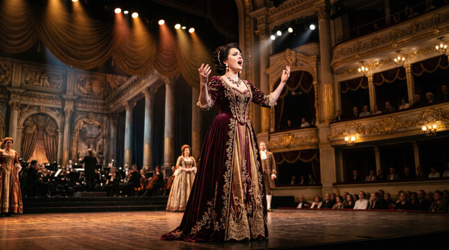 Female opera singer in elegant burgundy gown performs on stage with orchestra in the background, ornate theater interior and audience visible in the setting