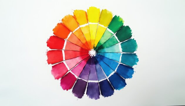 Color wheel with 24 segments painted in oil. Shows spectrum from red to violet, arranged in circle on white background. Used for art design and education.