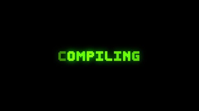 Compiling Pixel Text Animation with Neon Green Glow on Black Background. 4K Developer Interface