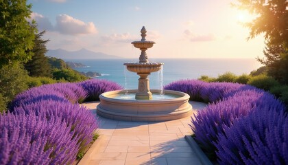 Obraz premium Stone fountain with tiers of cascading water sits amid vibrant lavender bushes. Rich green trees flank a serene ocean view with distant mountains under a warm sky.