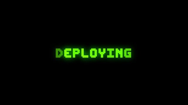 Deploying Pixel Text Animation with Green Glow on Black Background. 4K Software Release Interface