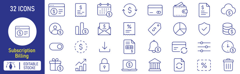 Fototapeta premium Subscription Billing Vector Outline Icons Set – Recurring Payments, Invoicing, Digital Wallet, Financial Management and Online Payment Line Symbols Collection